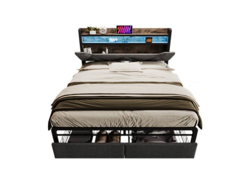 HAUSS SPOLE Polsterbett 140x 200 mit Ladefunktion Stauraum-Kopfteil LED Grau(Mit Matratze) von HAUSS SPOLE