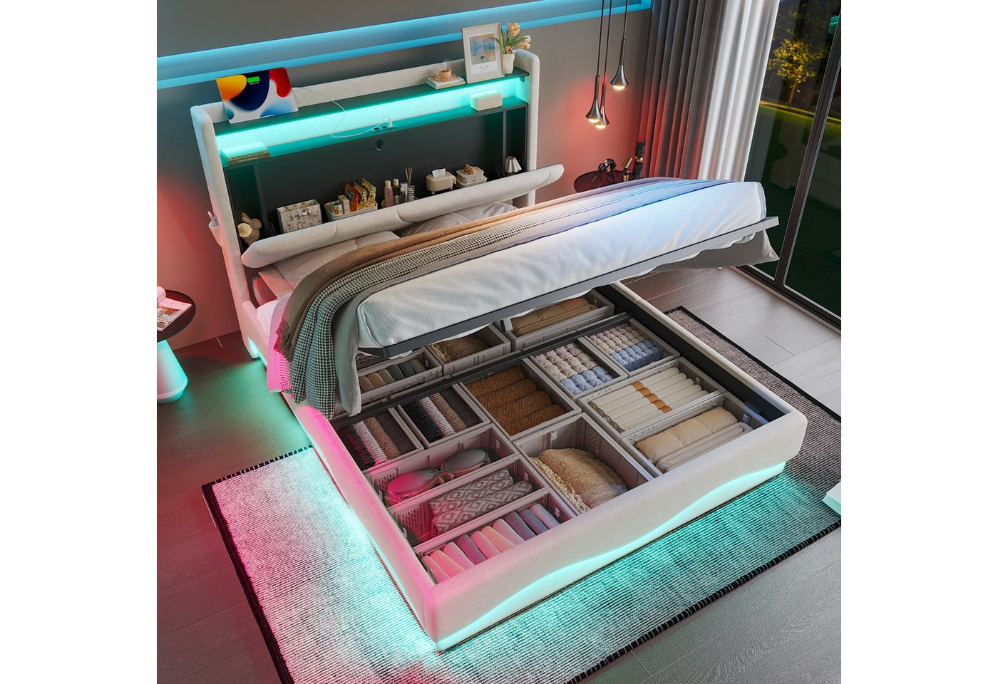 HAUSS SPOLE Polsterbett 140×200 LED-Doppelbett mit stauraum,Jugendbett mit USB und Taschen von HAUSS SPOLE