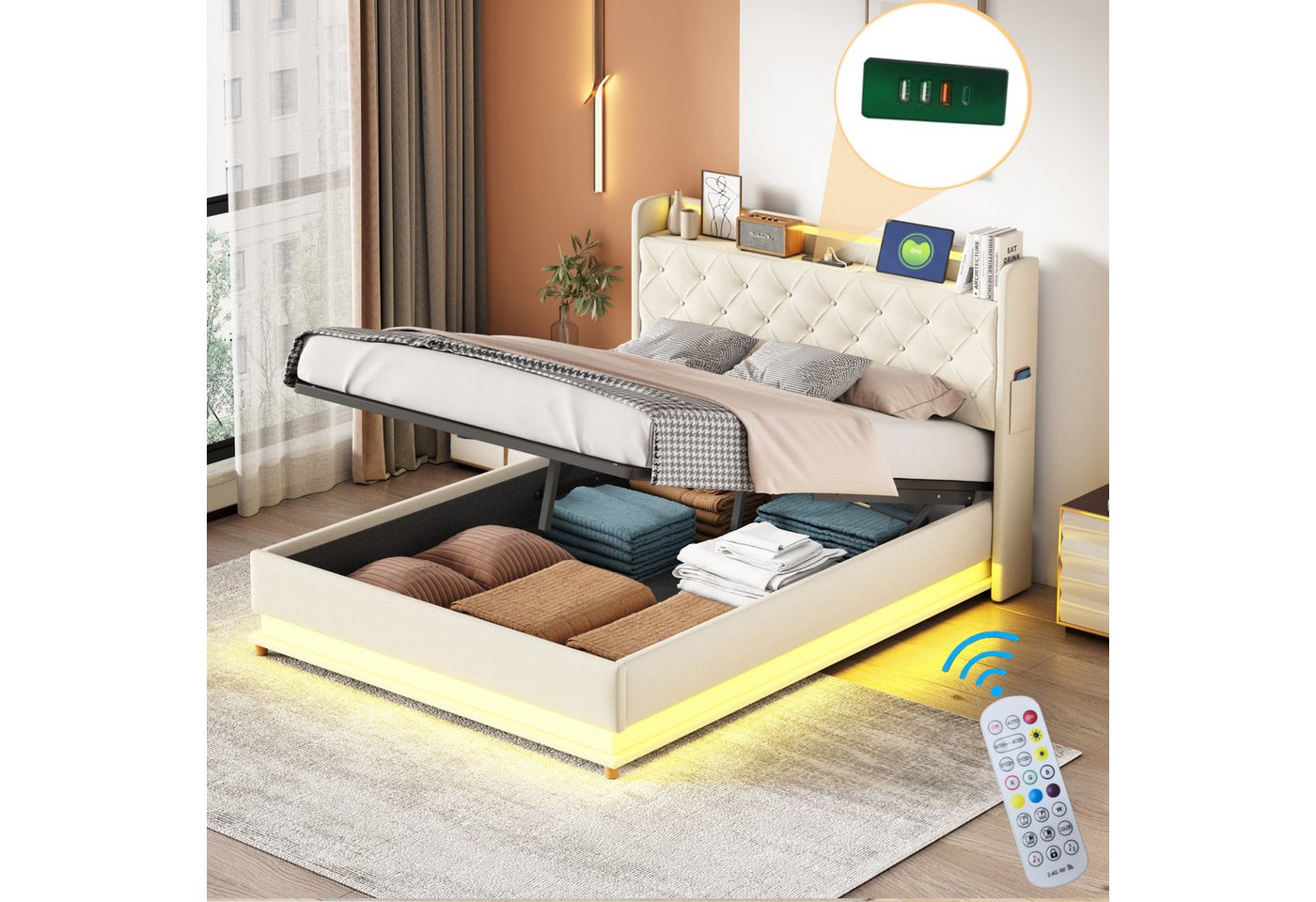 HAUSS SPOLE Polsterbett 140x200 cm mit USB-Anschluss und LED-Beleuchtung, Leinen, Beige (Hautfreundlicher Leinenstoff 140x200 cm), mit Matratze von HAUSS SPOLE