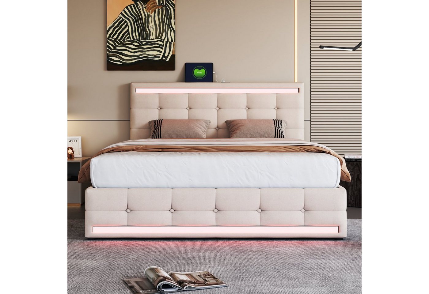HAUSS SPOLE Polsterbett 140x200 mit 4 Schubladen, LED-Licht, 2 USB-Ladestationen Leinen, Beige (140 * 200 ohne Matratze, Gepolstertes Plattformbett mit Stauraum), Hochwertiges Material von HAUSS SPOLE
