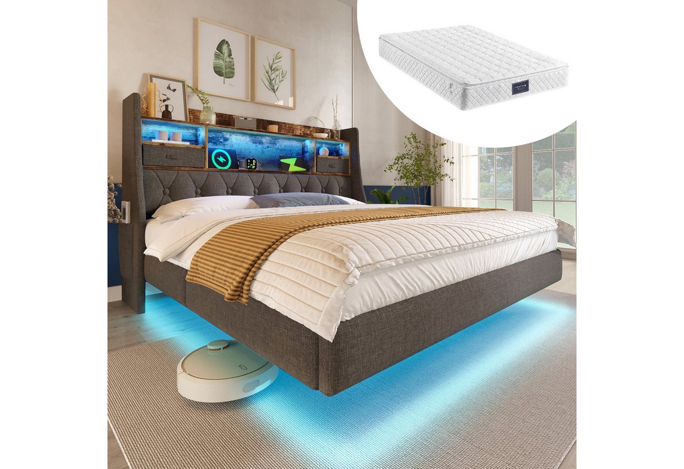 HAUSS SPOLE Polsterbett 140x200 mit Ablage&Matratze,Jugendbett LED-Bettgestell mit Ladestation (Funktionsbett, Struraumbett, 1-tlg., 140x200 cm, mit Matratze(H25cm-Taschenfederkern), Schwebebett mit 1 Type-C, 3 USB-Anschlüsse von HAUSS SPOLE