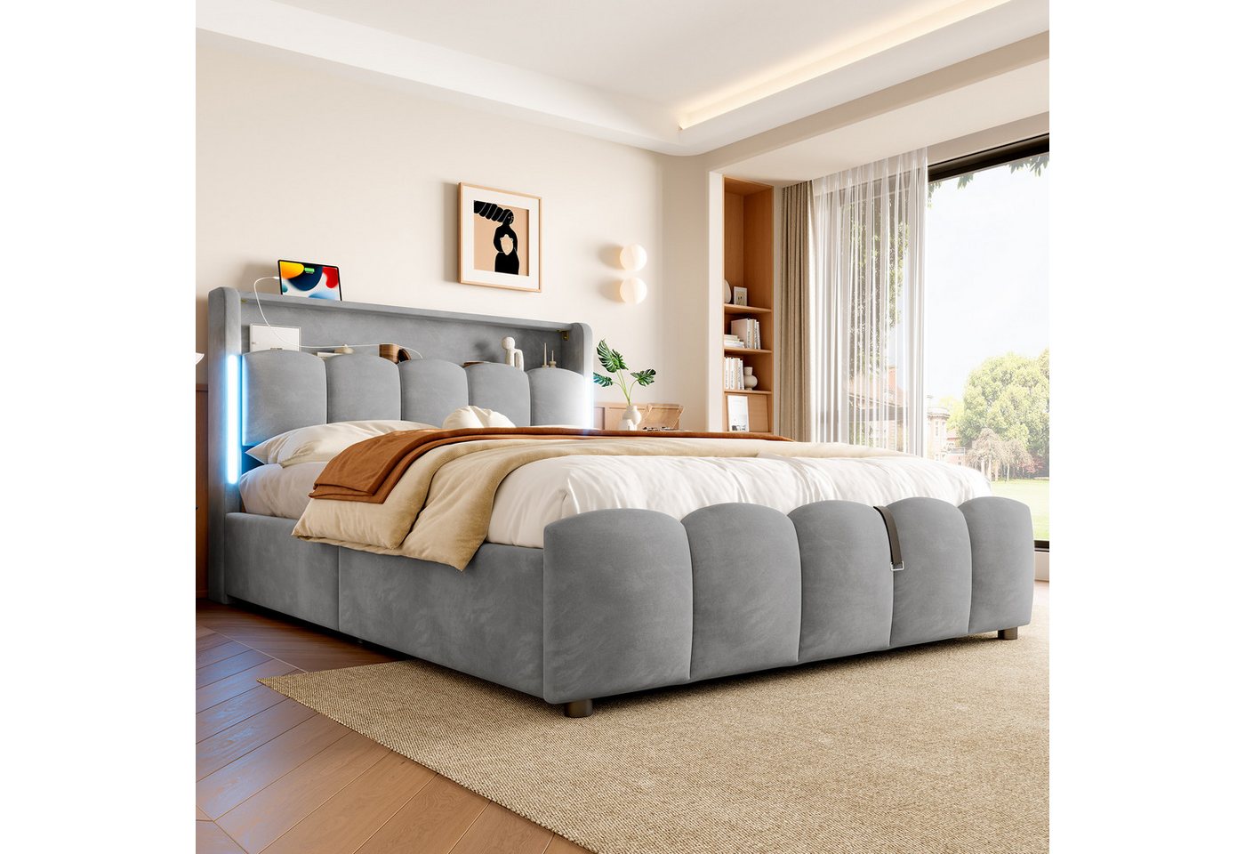 HAUSS SPOLE Polsterbett 140x200 mit Bettkasten,Jugendbett Bettgestell mit LED&USB+TYPE-C (mit LED-Beleuchtung, hydraulischem Stauraum & Kopfteil-Staufach, inklusive USB- & Typ-C-Anschlüsse, 140×200 cm), ohne Matratze von HAUSS SPOLE