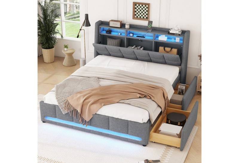 HAUSS SPOLE Polsterbett 140x200 mit LED-Licht, Schubladen, Steckdosen und USB, Staufach, Grau von HAUSS SPOLE