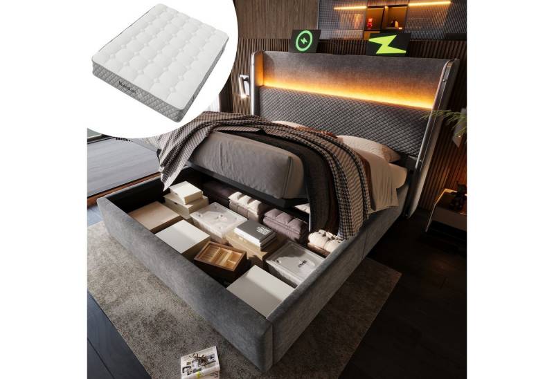HAUSS SPOLE Polsterbett 140x200 mit Matratze&Bettkasten,Bettgestell Stauraumbett mit LED&USB (2-tlg) von HAUSS SPOLE
