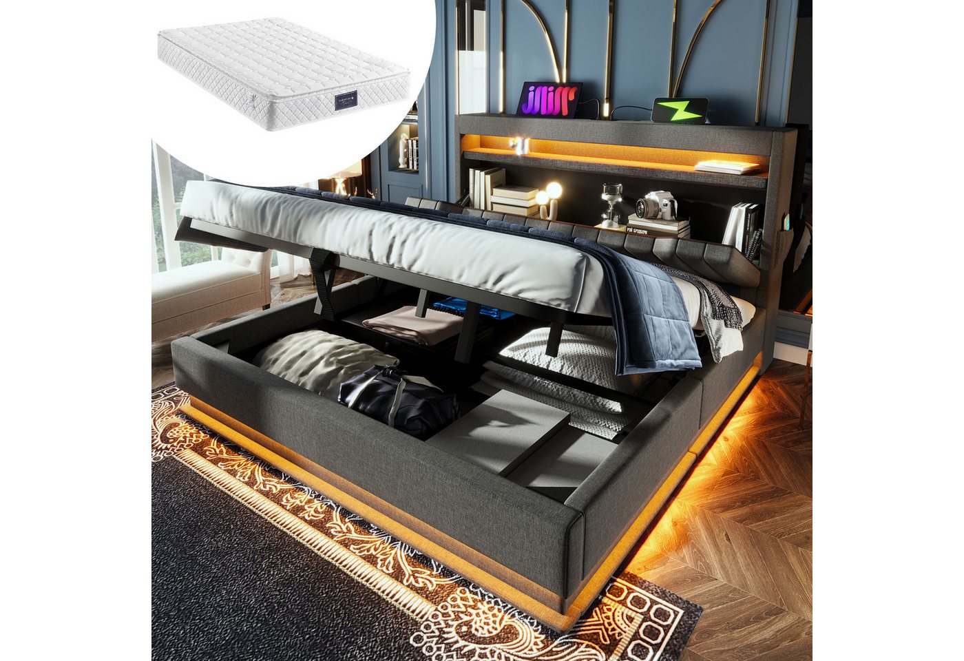 HAUSS SPOLE Polsterbett 140x200 mit USB- und Typ-C-Anschlüssen, LED-Beleuchtung Grau, Leinen (Struraumbett, Funktionsbett, 140x200 cm, mit Matratze (H25cm), Grau), mit USB- und Typ-C-Anschlüssen, LED-Beleuchtung von HAUSS SPOLE