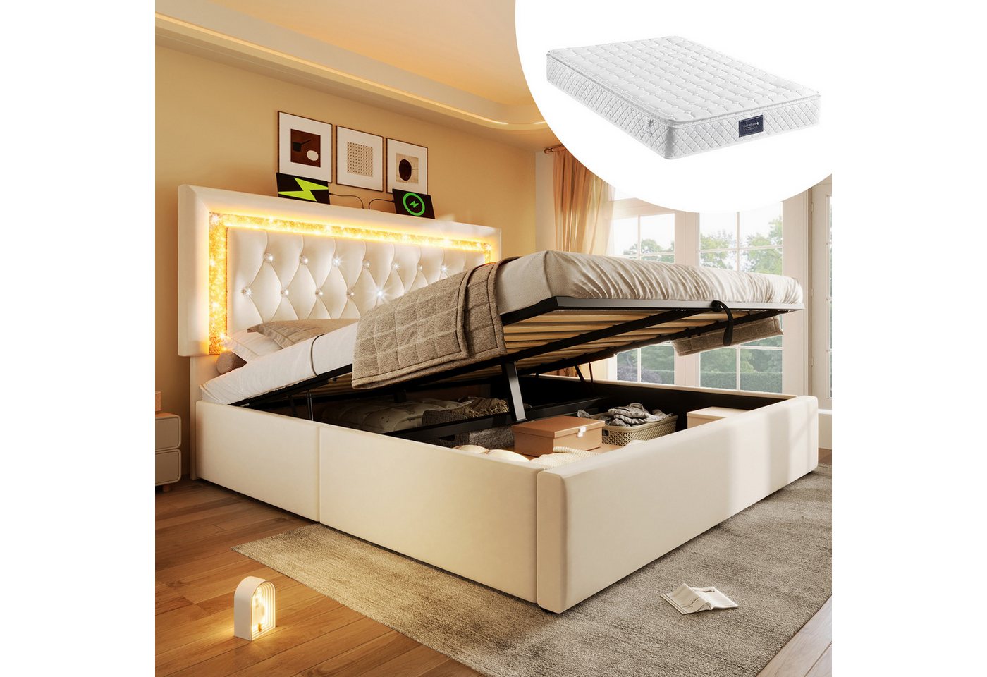 HAUSS SPOLE Polsterbett 140x200 mit matratze und bettkasten Jugendbett Bettgestell mit USB HAUSS SPOLE Polsterbett 140x200 mit matratze und bettkasten Jugendbett Bettgestell mit USB von HAUSS SPOLE