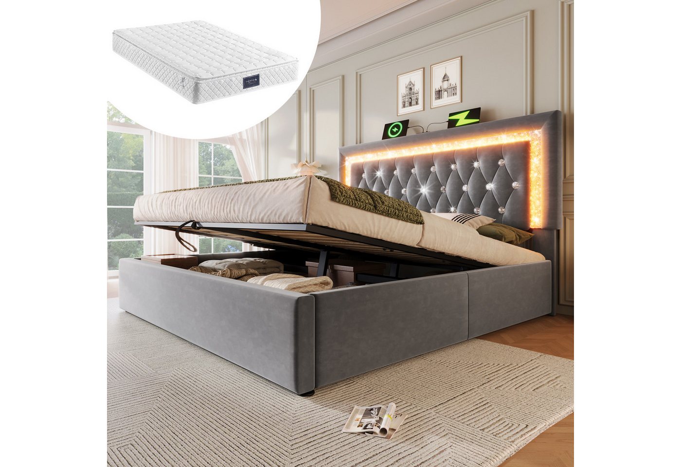 HAUSS SPOLE Polsterbett 140x200 mit matratze und bettkasten Jugendbett Bettgestell mit USB HAUSS SPOLE Polsterbett 140x200 mit matratze und bettkasten Jugendbett Bettgestell mit USB von HAUSS SPOLE