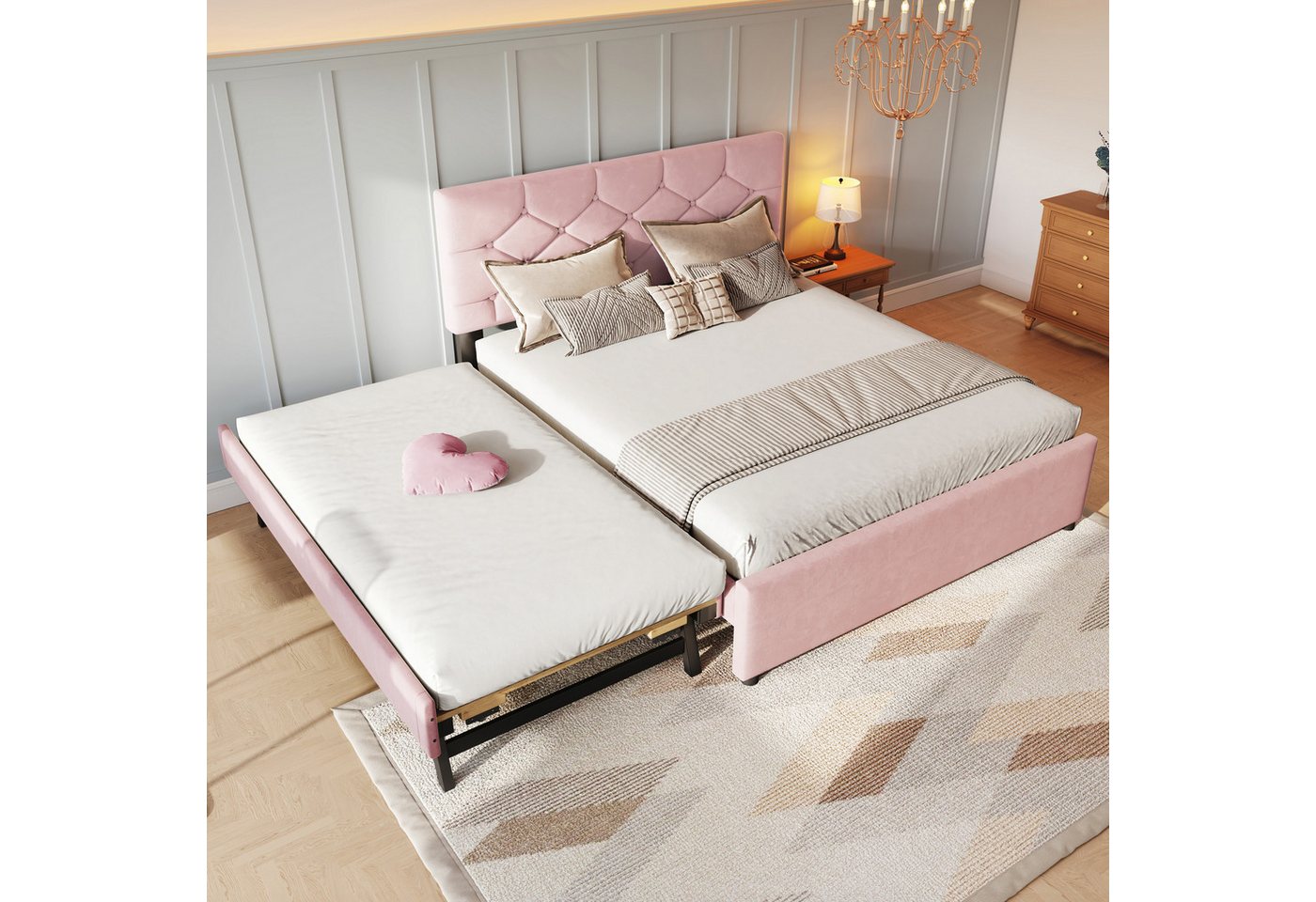 HAUSS SPOLE Polsterbett 140x200cm, Doppelbett mit Rollbett, Kopfteil im Knopfdesign, Rosa (Polsterbett,mit Rollcontainer, Samtbezug, Minimalistisches Design, Multifunktional mit Lattenrost, 140x200cm), ohne Matratze HAUSS SPOLE Polsterbett 140x200cm, Doppelbett mit Rollbett, Kopfteil im Knopfdesign, Rosa (Polsterbett,mit Rollcontainer, Samtbezug, Minimalistisches Design, Multifunktional mit Lattenrost, 140x200cm), ohne Matratze von HAUSS SPOLE