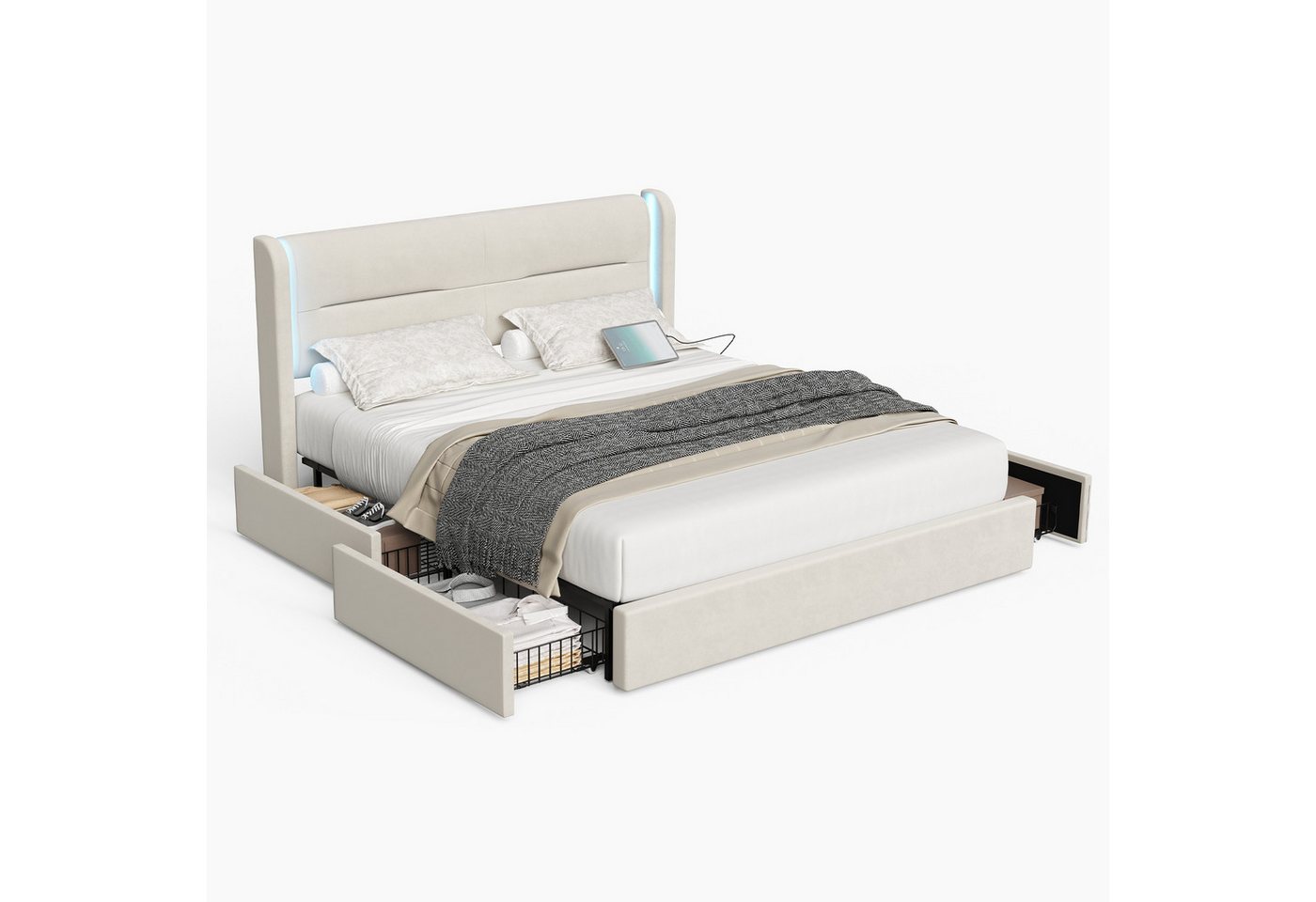 HAUSS SPOLE Polsterbett Doppelbett Jugendbett mit Schubladen & USB-Anschlus (4 Stauraumschubladen,LED-Beleuchtung & integrierte USB-Anschlüsse, dick gepolsterte Kopfteil,Stabiler Rahmen), für praktischen Komfort und Stil im Schlafzimmer, Ohne Matraze von HAUSS SPOLE