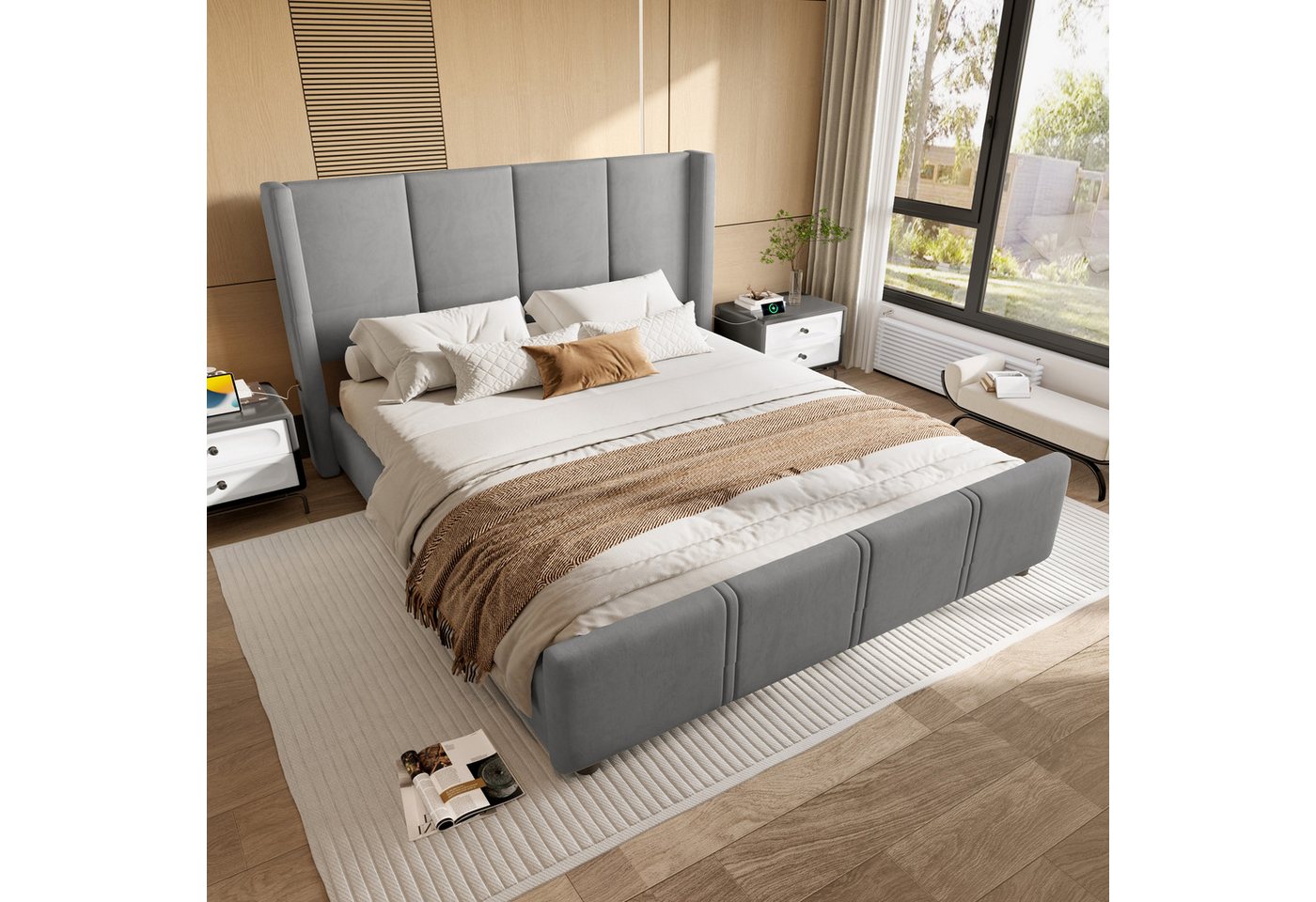 HAUSS SPOLE Polsterbett 140x200cm Jugendbett hohes Kopf-Bettgestell mit Stauraum&USB-Anschluss von HAUSS SPOLE