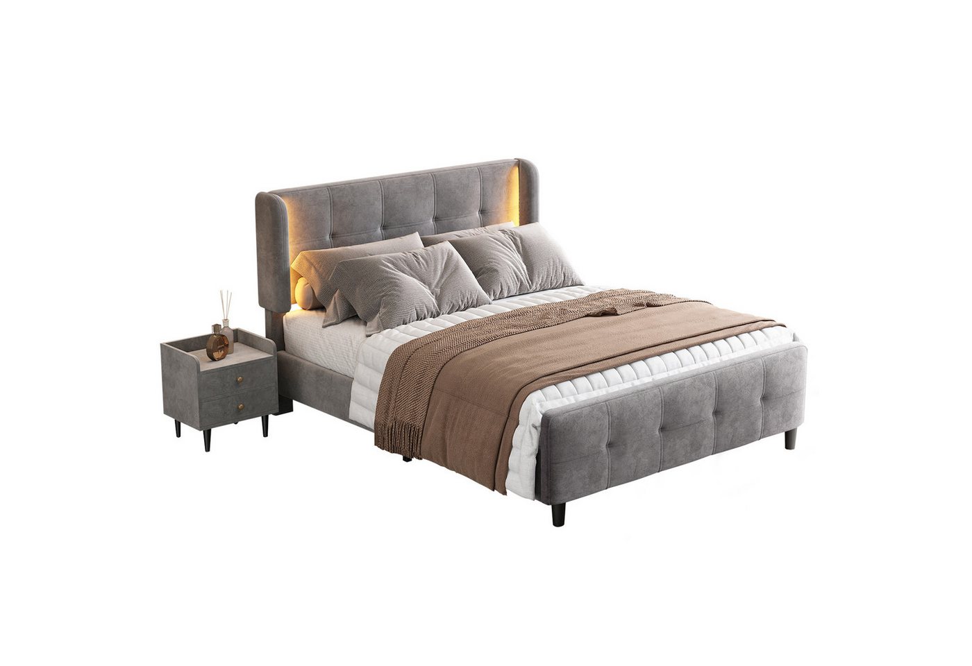HAUSS SPOLE Polsterbett 140x200cm mit LED-Leisten, Nachttisch mit 2 Schubladen, Samt, Grau HAUSS SPOLE Polsterbett 140x200cm mit LED-Leisten, Nachttisch mit 2 Schubladen, Samt, Grau von HAUSS SPOLE