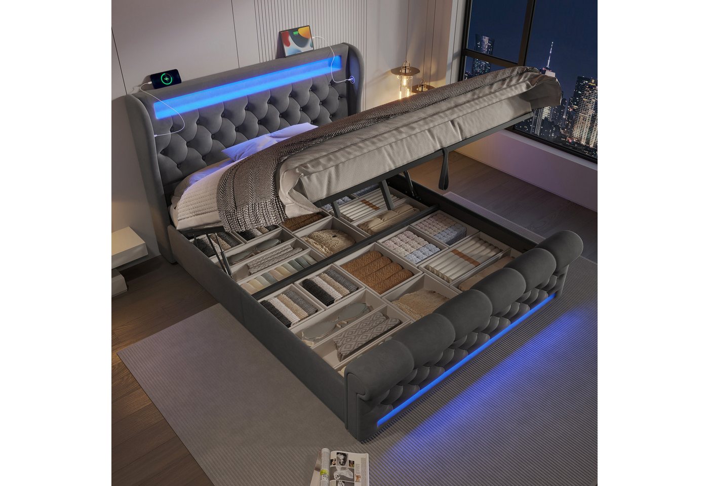 HAUSS SPOLE Polsterbett 140x200cm mit LED-Leuchten, USB- und Typ-C-Anschlüssen, Grau, Samt (Kinderbett, Jugendbett, Stauraumbett, 2-tlg., 140*200cm, ohne Matratze), mit USB-Anschluss, Aufbewahrungsbox unter dem Bett von HAUSS SPOLE
