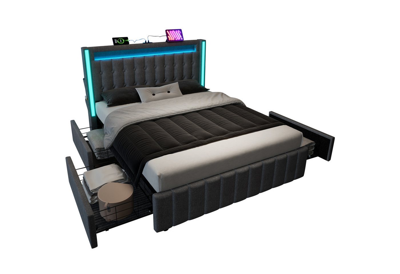 HAUSS SPOLE Polsterbett 140x200cm mit Ladefunktion LED, 4 Schubladen, Grau mit Matratze (4 Schubladen, mit Matratze), Platz sparen von HAUSS SPOLE