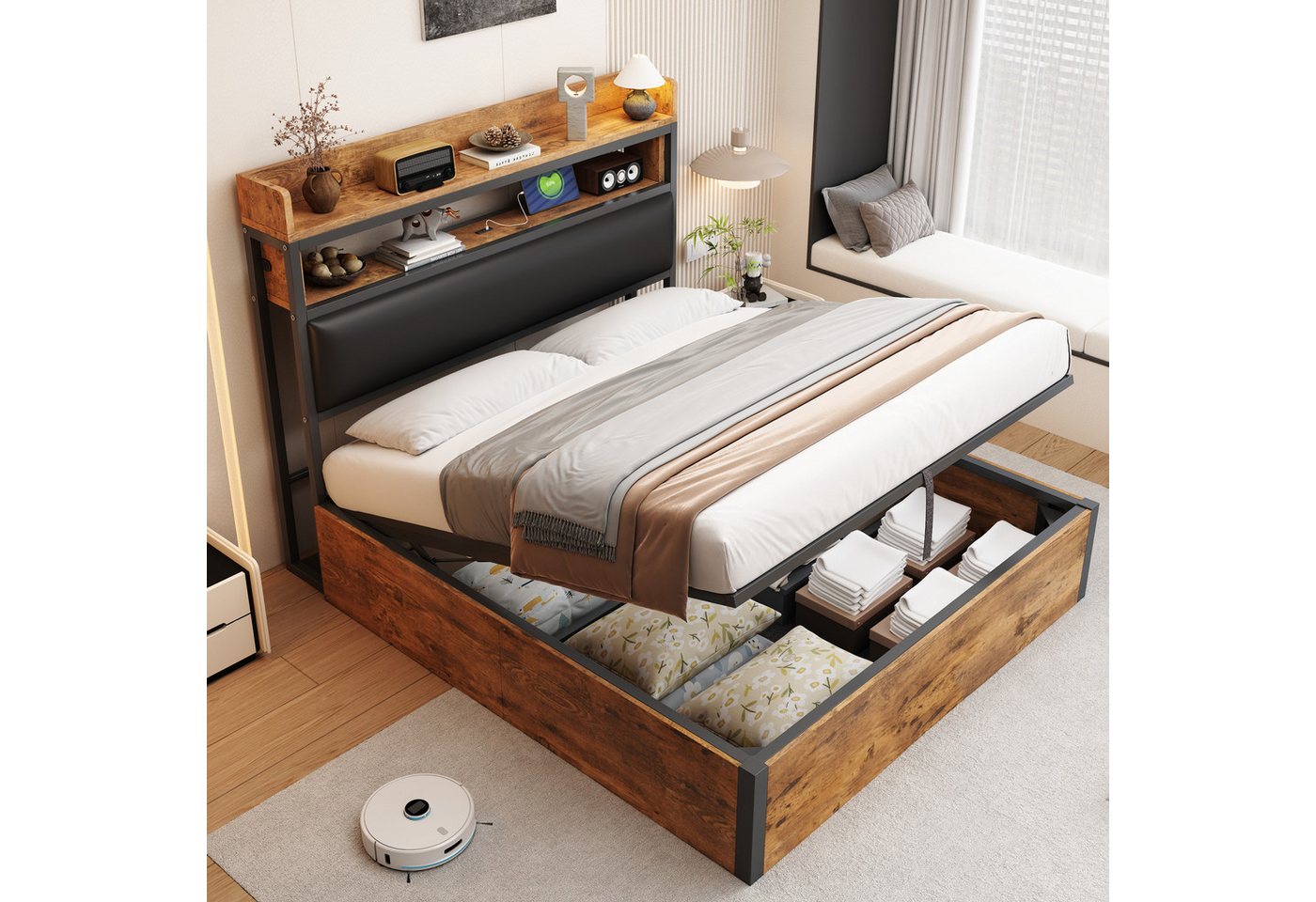 HAUSS SPOLE Polsterbett 140x200cm mit hydraulischem Hubmechanismus, USB, Stauraum Schwarz (mit hydraulischem Stauraum, USB-Anschlüssen, gepolstertem Kopfteil und Retro-Design aus Holz & Metall, ideal für moderne Schlafzimmer und Apartments 140x200 cm), ohne Matratze HAUSS SPOLE Polsterbett 140x200cm mit hydraulischem Hubmechanismus, USB, Stauraum Schwarz (mit hydraulischem Stauraum, USB-Anschlüssen, gepolstertem Kopfteil und Retro-Design aus Holz & Metall, ideal für moderne Schlafzimmer und Apartments 140x200 cm), ohne Matratze von HAUSS SPOLE