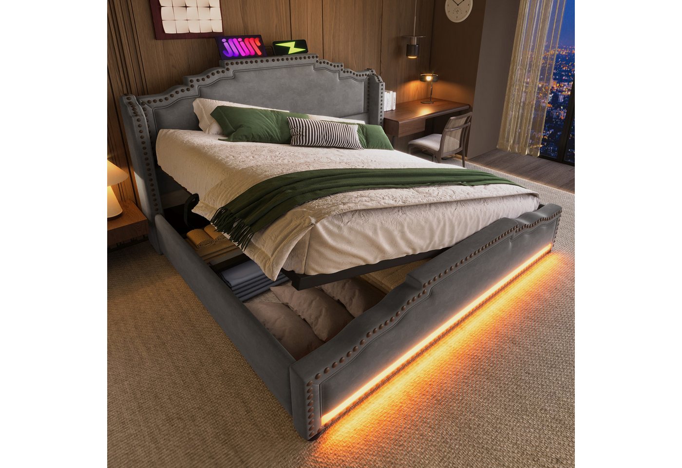 HAUSS SPOLE Polsterbett 140×200cm mit hydraulischem Stauraum, LED-Beleuchtung, Ladeanschluss (Stauraumbett, Jugendbett, Funktionsbett, 1-tlg., 140×200cm, ohne Matratze), mit LED-Beleuchtung und USB-C-Ladeanschluss von HAUSS SPOLE