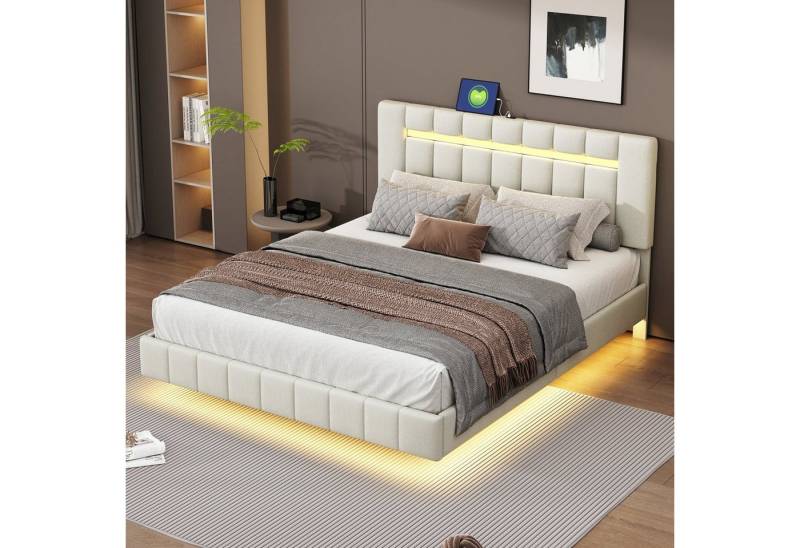 HAUSS SPOLE Polsterbett 160 x 200 cm mit LED-Leuchten und Kopfteildesign Leinen, Beige von HAUSS SPOLE