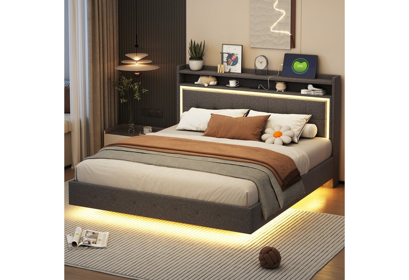 HAUSS SPOLE Polsterbett 160 x 200cm mit USB-Steckdose und LED-Licht, Leinenstoff Grau HAUSS SPOLE Polsterbett 160 x 200cm mit USB-Steckdose und LED-Licht, Leinenstoff Grau von HAUSS SPOLE