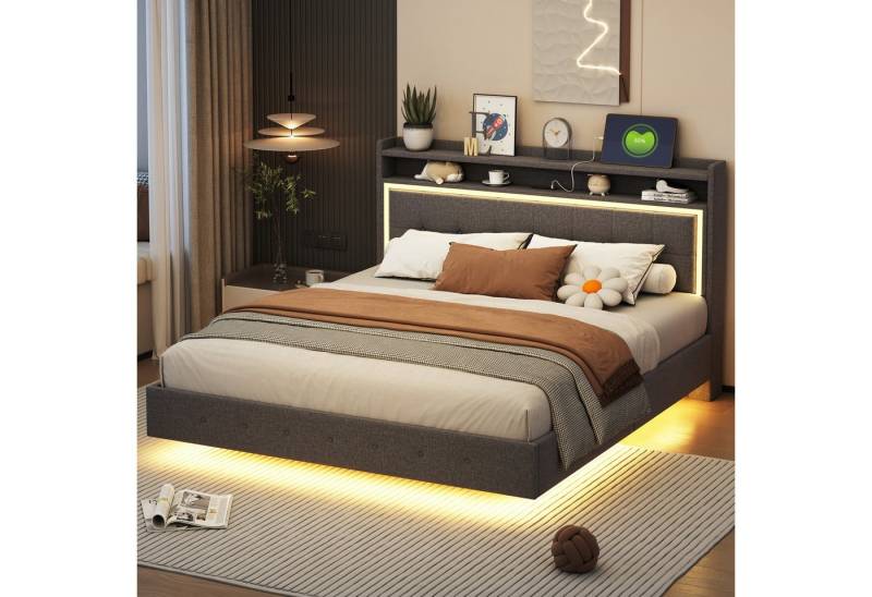 HAUSS SPOLE Polsterbett 160 x 200cm mit USB-Steckdose und LED-Licht, Leinenstoff Grau von HAUSS SPOLE