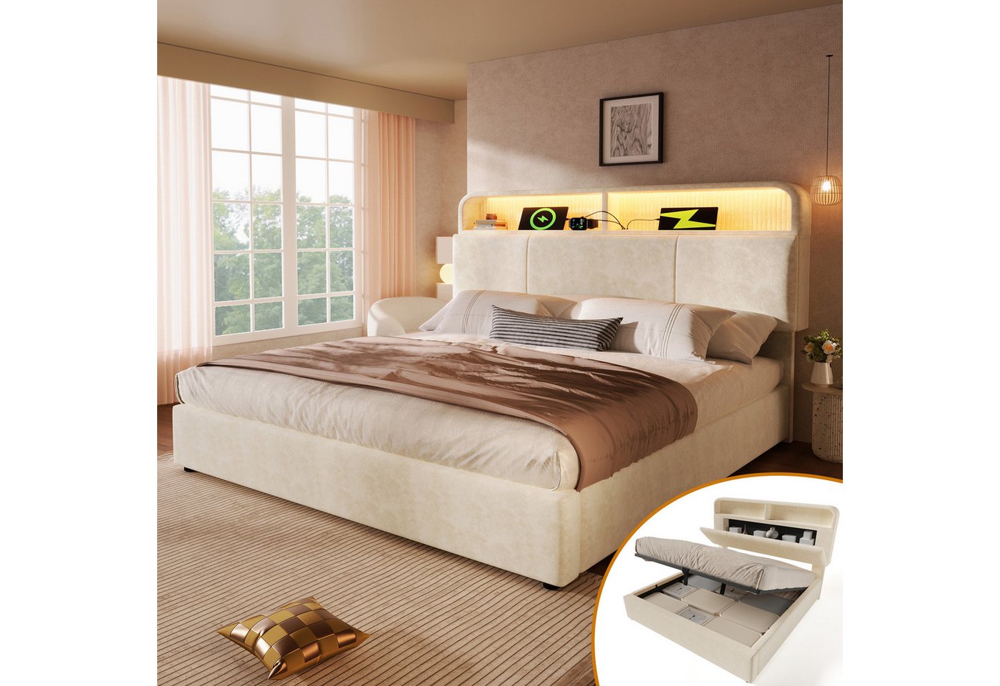HAUSS SPOLE Polsterbett 160x200 mit Bettkasten,Jugendbett Bettgestell mit LED&USB/TYPE-C (Struraumbett, Funktionsbett, 1-tlg., 160x200 cm, ohne Matratze), Hydraulisches Bett mit LED-Beleuchtung & USB/Type-C Ladestation von HAUSS SPOLE