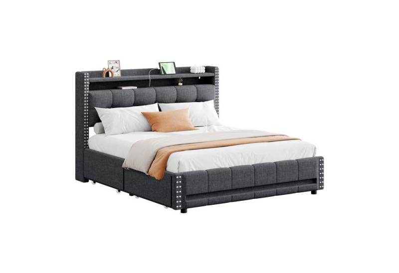 HAUSS SPOLE Polsterbett 160x200 mit LED-Beleuchtung, USB-Steckdose, 4 Schubladen, Leinen Grau (Funktionsbett mit LED-Beleuchtung, USB-Steckdose, Stauraum und 4 Schubladen, 160 x 200 cm), ohne Matratze von HAUSS SPOLE