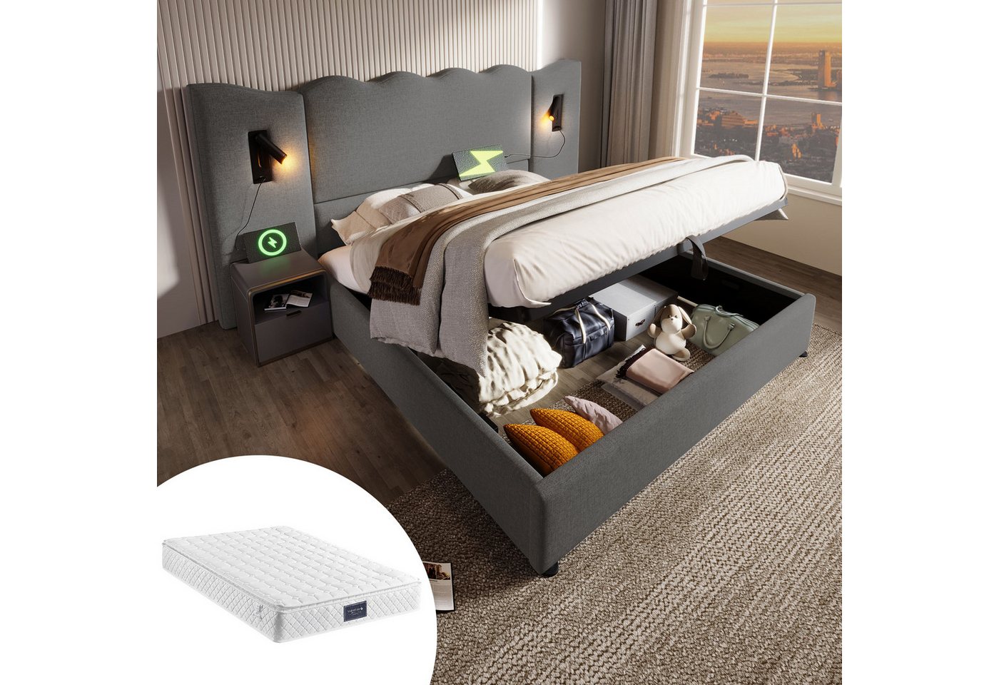 HAUSS SPOLE Polsterbett 160×200 mit Leselampe und USB Type-C Ladefunktion Grau, Leinen (Struraumbett, Doppelbett, 2-tlg., 160×200cm, mit Matratze), mit mit Leselampe und USB Type-C Ladefunktion von HAUSS SPOLE