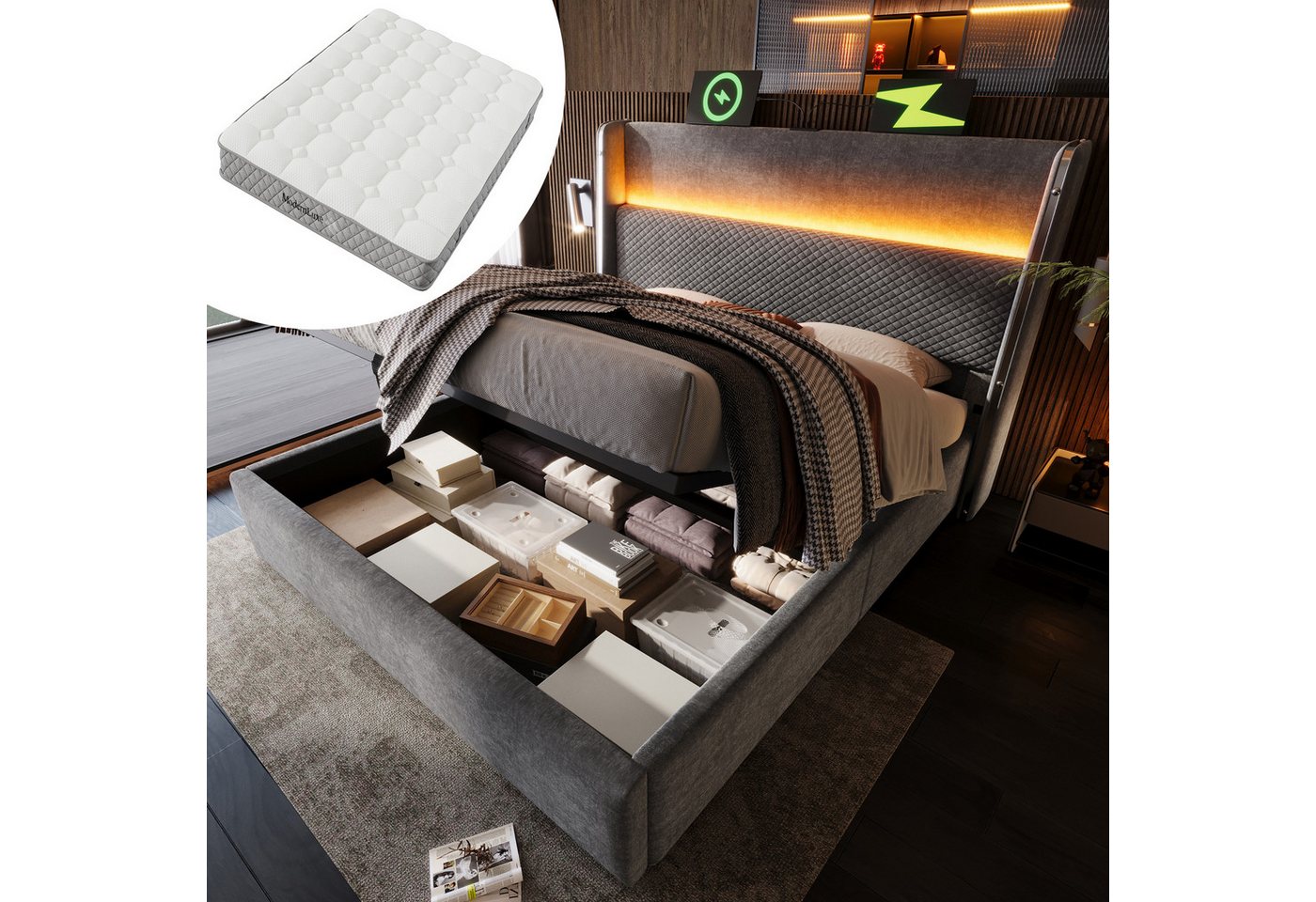 HAUSS SPOLE Polsterbett 160x200 mit Matratze&Bettkasten,Bettgestell Stauraumbett mit LED&USB (2-tlg) von HAUSS SPOLE