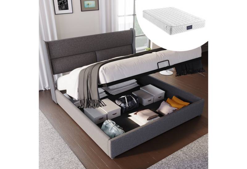 HAUSS SPOLE Polsterbett 160x200 mit Verstellbare Kopfstützen aus Leinen, Mit Matratze Grau, 160x200 mit lattenrost(Inklusive Matratze) von HAUSS SPOLE