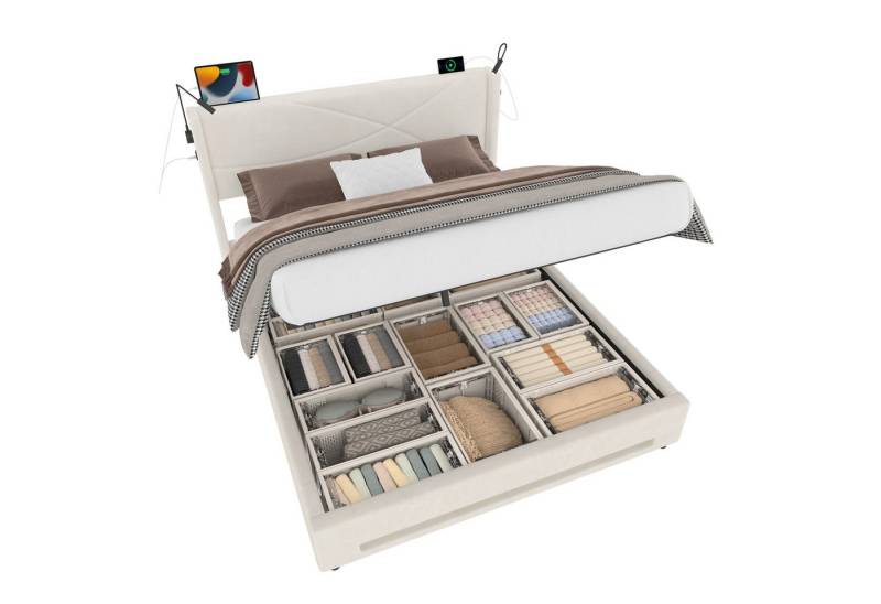 HAUSS SPOLE Polsterbett 160×200cm Doppelbett Jugendbett mit 2 Leselichtern & USB,Beige (hydraulischem Stauraum & integrierte USB-Anschlüsse & LED-Lichtleisten, dick gepolsterte Kopfteil,Stabiler Rahmen), für praktischen Komfort und Stil im Schlafzimmer, Ohne Matraze von HAUSS SPOLE