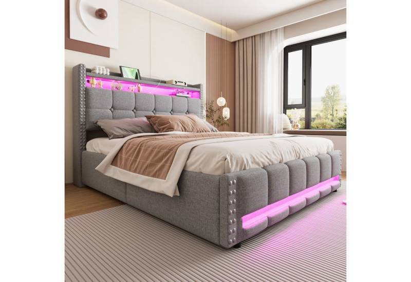 HAUSS SPOLE Polsterbett 160x200cm mit LED-Beleuchtung und USB-Steckdose, Leinenstoff Hellgrau (Stauraumbett mit LED-Beleuchtung, USB-Steckdose, Stauraum und 4 Schubladen, 160 x 200 cm), ohne Matratze von HAUSS SPOLE