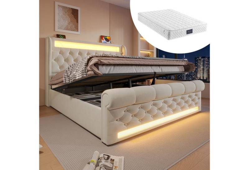 HAUSS SPOLE Polsterbett 160x200cm mit LED-Leuchten, USB- und Typ-C-Anschlüssen, Beige, Samt (Funktionsbett, 160x200cm, mit Matratze (H25cm), mit USB- und Typ-C-Anschlüssen, LED-Leuchten von HAUSS SPOLE