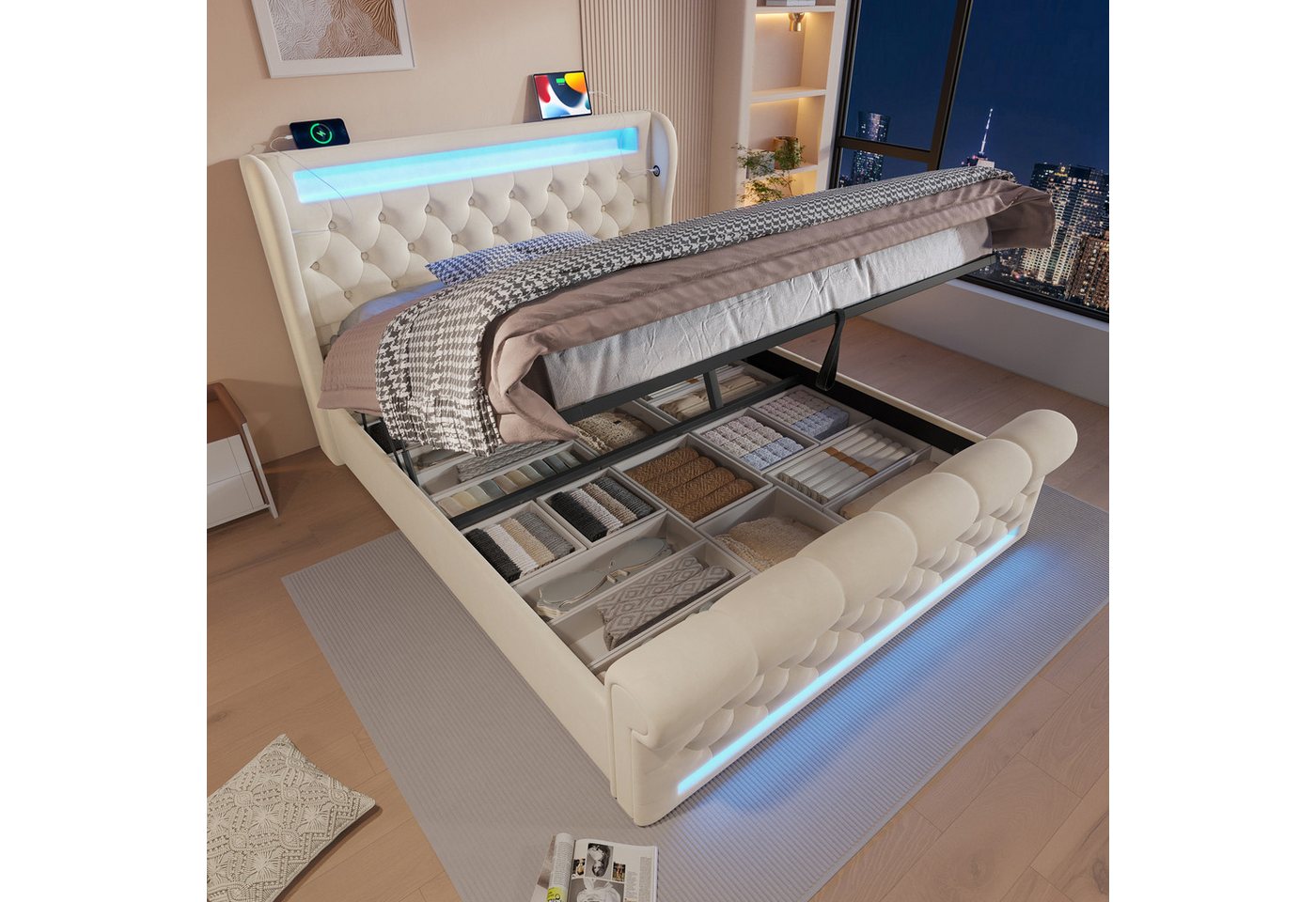 HAUSS SPOLE Polsterbett 160x200cm mit LED-Leuchten, USB- und Typ-C-Anschlüssen, Beige, Samt (Funktionsbett, 160x200cm, ohne Matratze), mit USB- und Typ-C-Anschlüssen, LED-Leuchten von HAUSS SPOLE