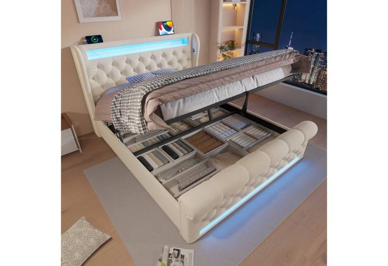 HAUSS SPOLE Polsterbett 160x200cm mit LED-Leuchten, USB- und Typ-C-Anschlüssen, Beige, Samt (Funktionsbett, 160x200cm, ohne Matratze), mit USB- und Typ-C-Anschlüssen, LED-Leuchten von HAUSS SPOLE