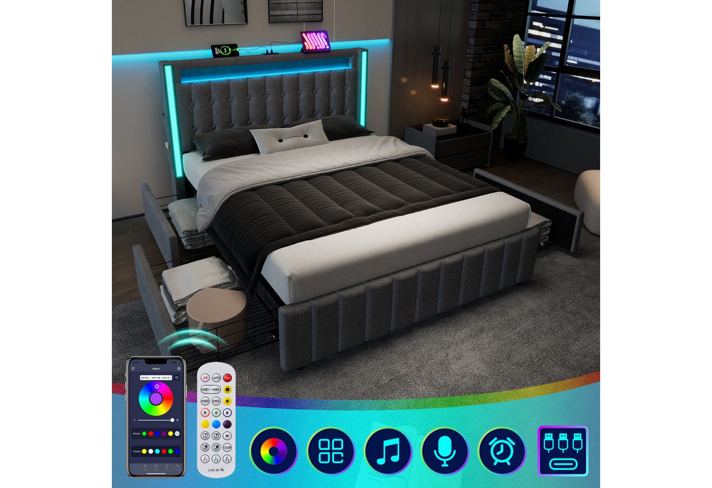 HAUSS SPOLE Polsterbett 160x200cm mit Ladefunktion LED, 4 Schubladen, Grau Ohne Matratze (4 Schubladen, ohne Matratze), mit USB Typ C Ladefunktion und LED-Beleuchtung,160x200cm von HAUSS SPOLE