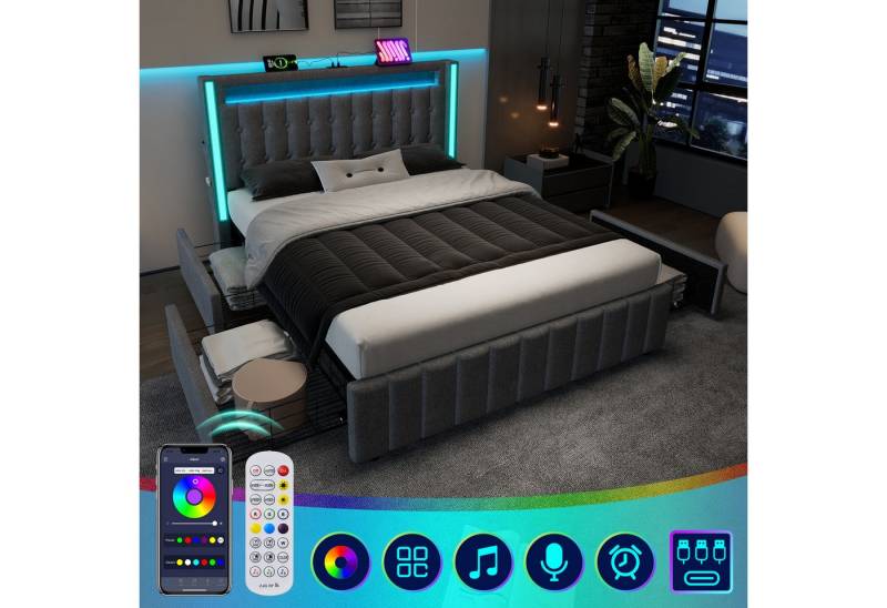 HAUSS SPOLE Polsterbett 160x200cm mit Ladefunktion LED, 4 Schubladen, Grau Ohne Matratze (4 Schubladen, ohne Matratze), mit USB Typ C Ladefunktion und LED-Beleuchtung,160x200cm von HAUSS SPOLE