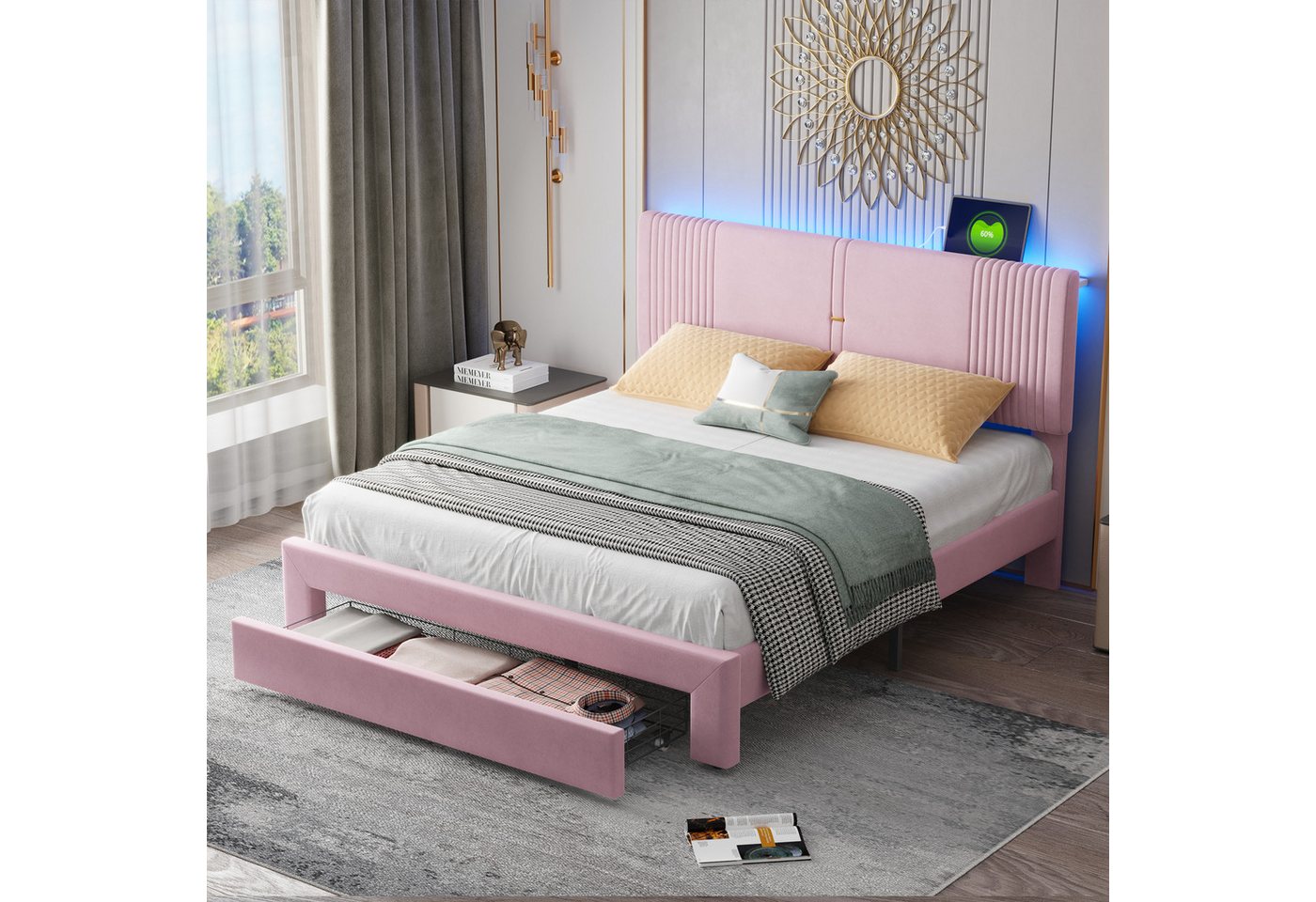 HAUSS SPOLE Polsterbett 160x200cm mit Lichtleiste, großer Schublade, Samt Rosa (mit Rückenlehne und großer Schublade,geeignet für Erwachsene und Jugendliche, geeignet für Erwachsene und Jugendliche 160x200 cm), ohne Matratze HAUSS SPOLE Polsterbett 160x200cm mit Lichtleiste, großer Schublade, Samt Rosa (mit Rückenlehne und großer Schublade,geeignet für Erwachsene und Jugendliche, geeignet für Erwachsene und Jugendliche 160x200 cm), ohne Matratze von HAUSS SPOLE