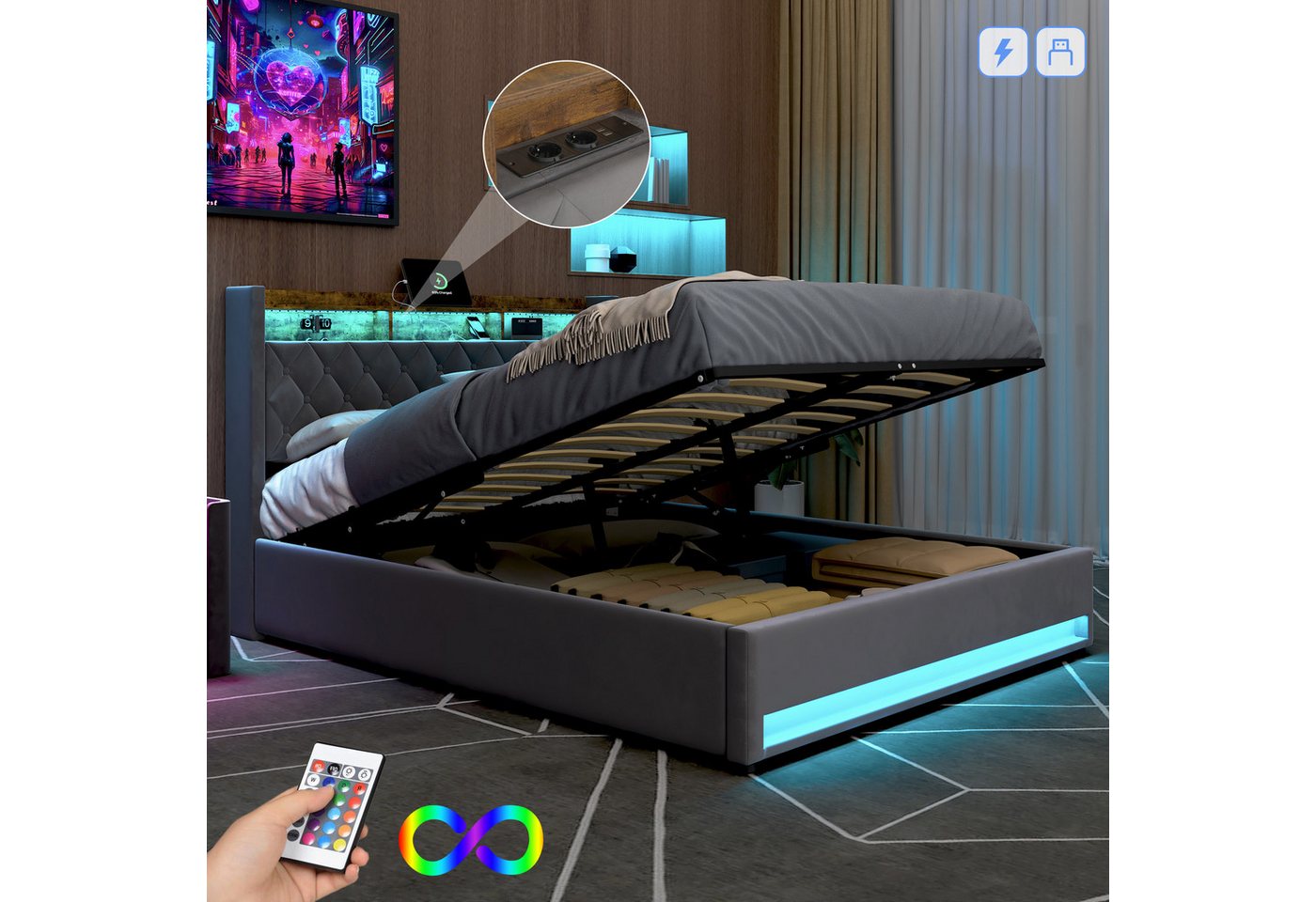 HAUSS SPOLE Polsterbett 160x200cm mit USB, 2 Steckdosen, LED-Beleuchtung Metallrahmen Grau (LED Doppelbett mit Lattenrost,  Ohne Matratze), Modernes Design Jugendbett von HAUSS SPOLE