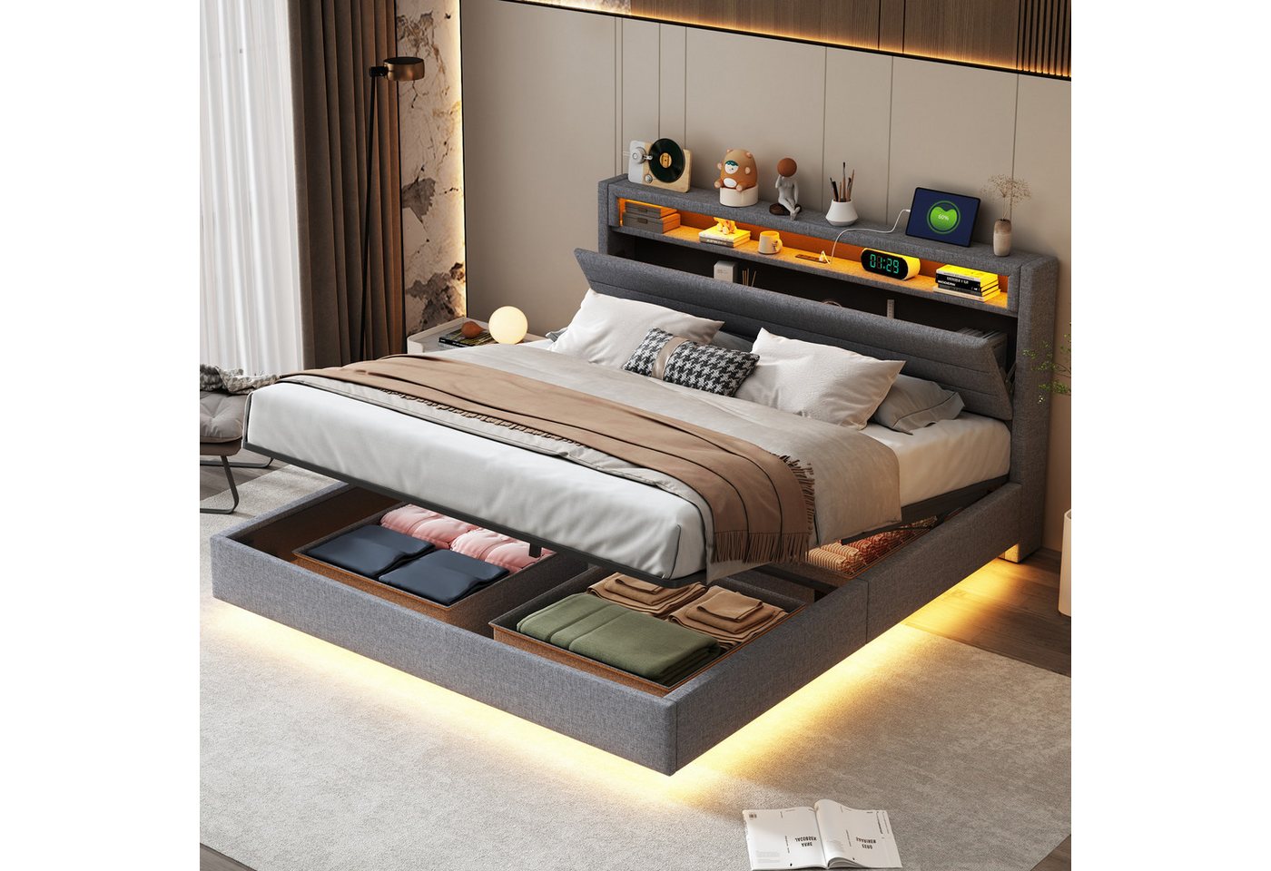 HAUSS SPOLE Polsterbett 160x200cm mit USB-Steckdose und LED-Licht, Wendekopfteil, Leinen Grau HAUSS SPOLE Polsterbett 160x200cm mit USB-Steckdose und LED-Licht, Wendekopfteil, Leinen Grau von HAUSS SPOLE