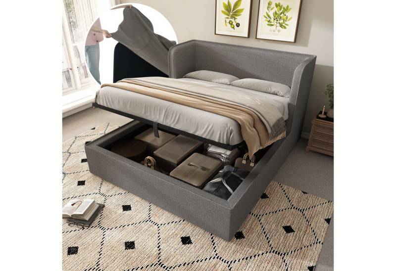 HAUSS SPOLE Polsterbett 180×200 Doppelbett mit Breite Seitenlehn, Leinen, Grau, mit Matratze (2-tlg) von HAUSS SPOLE