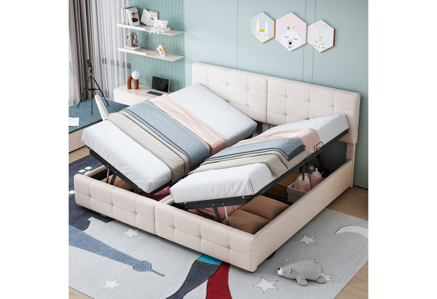 HAUSS SPOLE Polsterbett 180x200 cm mit hydraulisches Stauraum, hautfreundliches Samt, Beige (Hydraulisches Stauraumbett, Hochkastenbett, Multifunktionales Doppelbett, Hautfreundlicher Samtstoff 180x 200 cm), ohne Matratze von HAUSS SPOLE