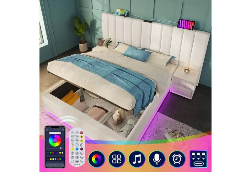 HAUSS SPOLE Polsterbett 180×200 mit App Control LED und USB-C Ladefunktion, PU, Weiß (2-tlg) von HAUSS SPOLE