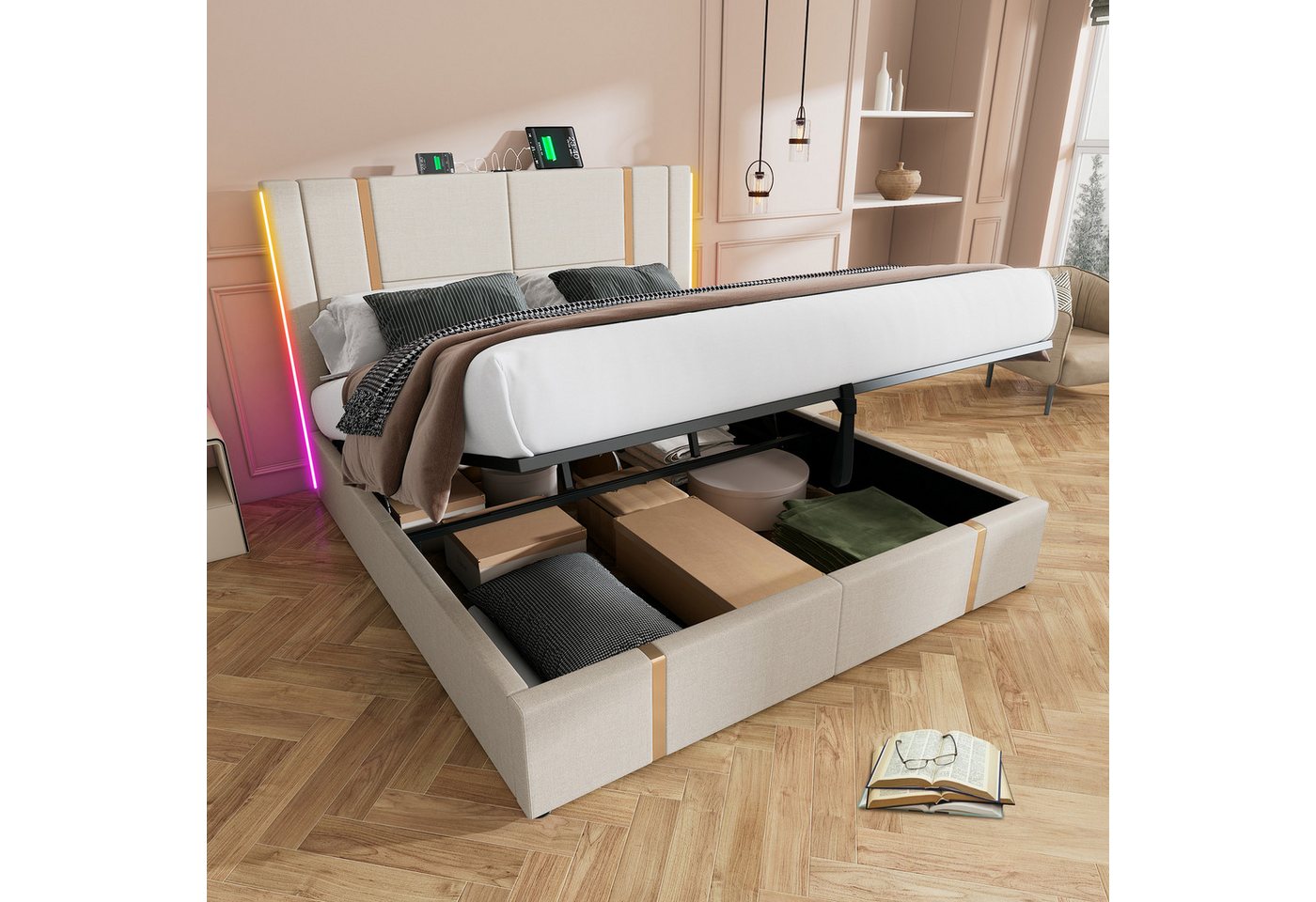 HAUSS SPOLE Polsterbett 180×200 mit Ladefunktion APP-Control LED Beige Leinen (mit Matratze) von HAUSS SPOLE