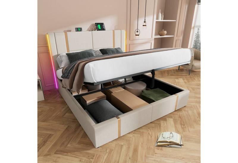 HAUSS SPOLE Polsterbett 180×200 mit Ladefunktion APP-Control LED Beige Leinen (mit Matratze) von HAUSS SPOLE