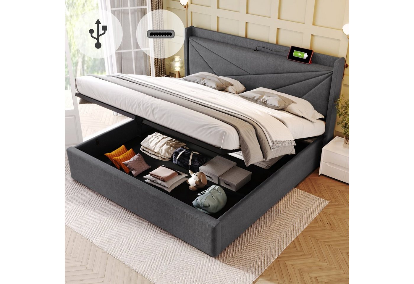 HAUSS SPOLE Polsterbett 180x200cm Doppelbett mit USB Typ C Ladefunktion Kopfteil, Leinen Grau HAUSS SPOLE Polsterbett 180x200cm Doppelbett mit USB Typ C Ladefunktion Kopfteil, Leinen Grau von HAUSS SPOLE
