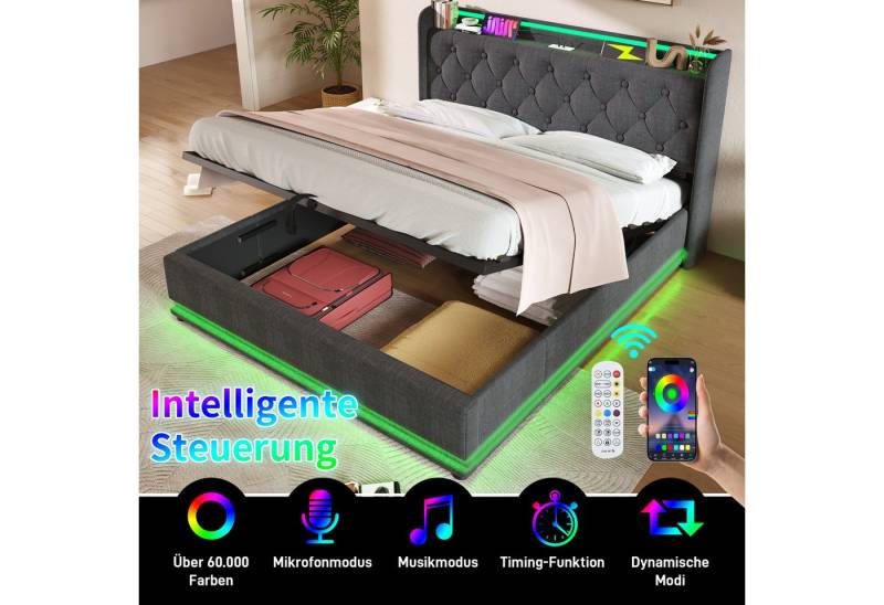 HAUSS SPOLE Polsterbett 180x200cm mit LED-Beleuchtung, Ladefunktion Grau Leinen mit Matratze von HAUSS SPOLE