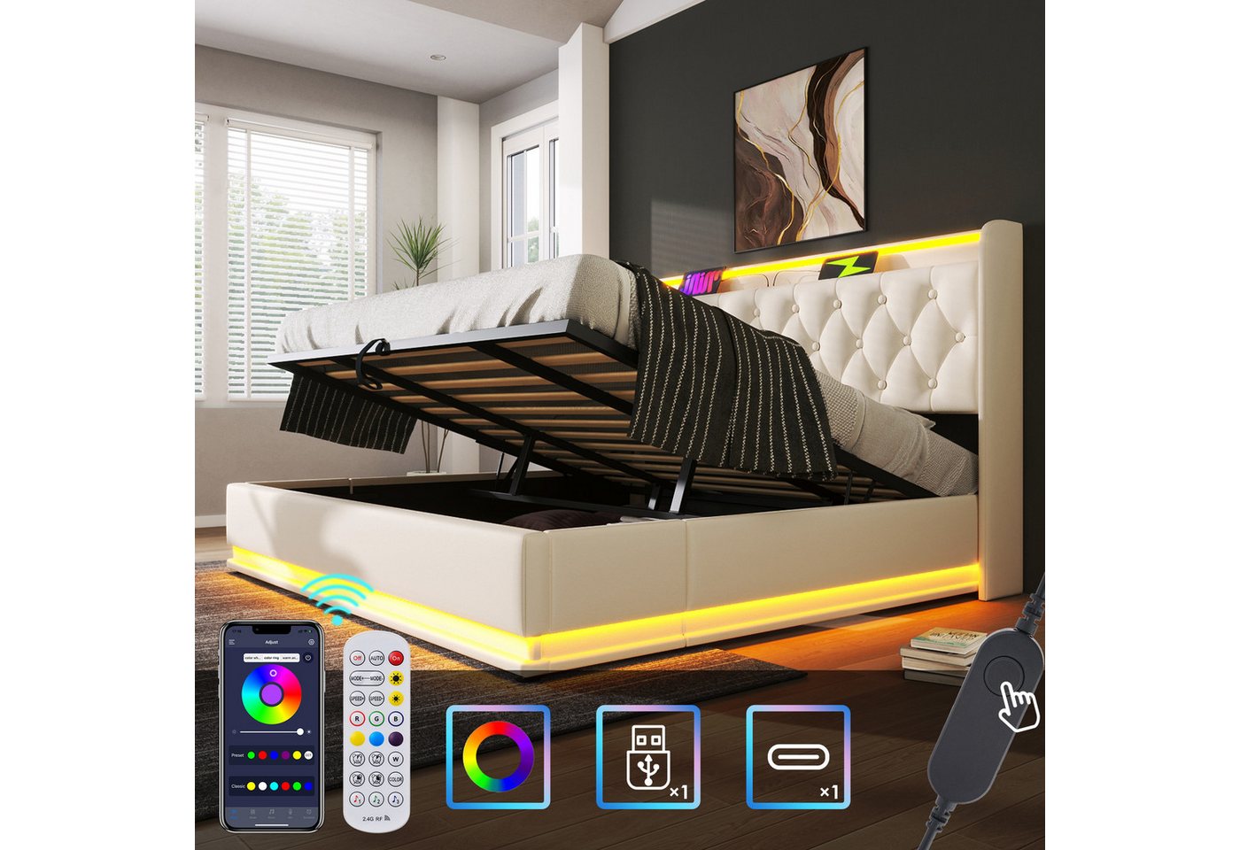 HAUSS SPOLE Polsterbett 180x200cm mit LED-Beleuchtung, Ladefunktion weiß PU mit Matratze HAUSS SPOLE Polsterbett 180x200cm mit LED-Beleuchtung, Ladefunktion weiß PU mit Matratze von HAUSS SPOLE