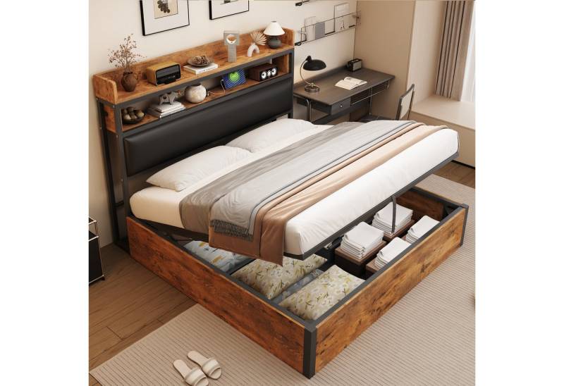 HAUSS SPOLE Polsterbett 180x200cm mit hydraulischem Hubmechanismus, USB, Stauraum Schwarz (mit hydraulischem Stauraum, USB-Anschlüssen, gepolstertem Kopfteil und Retro-Design aus Holz & Metall, ideal für moderne Schlafzimmer und Apartments 180x200 cm), ohne Matratze von HAUSS SPOLE