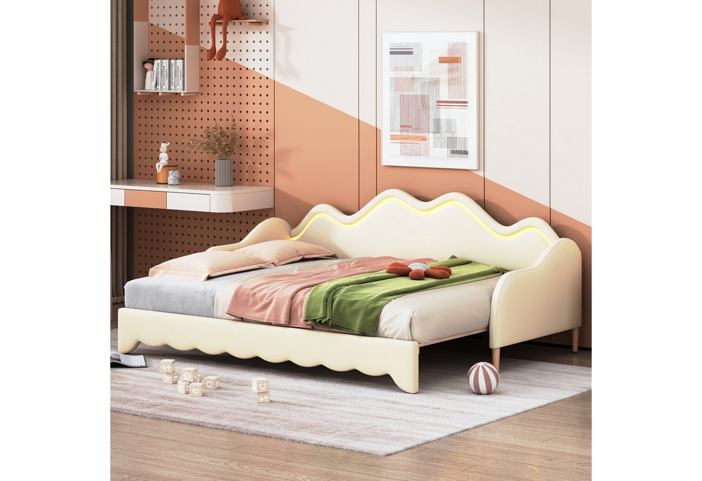 HAUSS SPOLE Polsterbett 2-in-190(180)*190cm Schlafsofa mit Ausziehbett, Sicherheitsrand Design (Kinderbett aus Kunstleder mit LED-Beleuchtung, mit Lattenrost), mit Relaxfunktion von HAUSS SPOLE