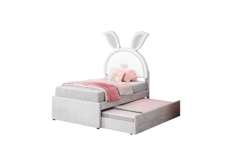HAUSS SPOLE Polsterbett 90 x 200 cm mit Kopfteil in Hasenform (Einzelbett mit ausziehbarem Bett und 3 Schubladen), Kinderbett mit LED-Licht von HAUSS SPOLE