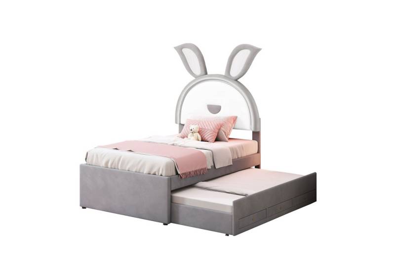 HAUSS SPOLE Polsterbett 90 x 200 cm mit Kopfteil in Hasenform (Einzelbett mit ausziehbarem Bett und 3 Schubladen), Kinderbett mit LED-Licht von HAUSS SPOLE