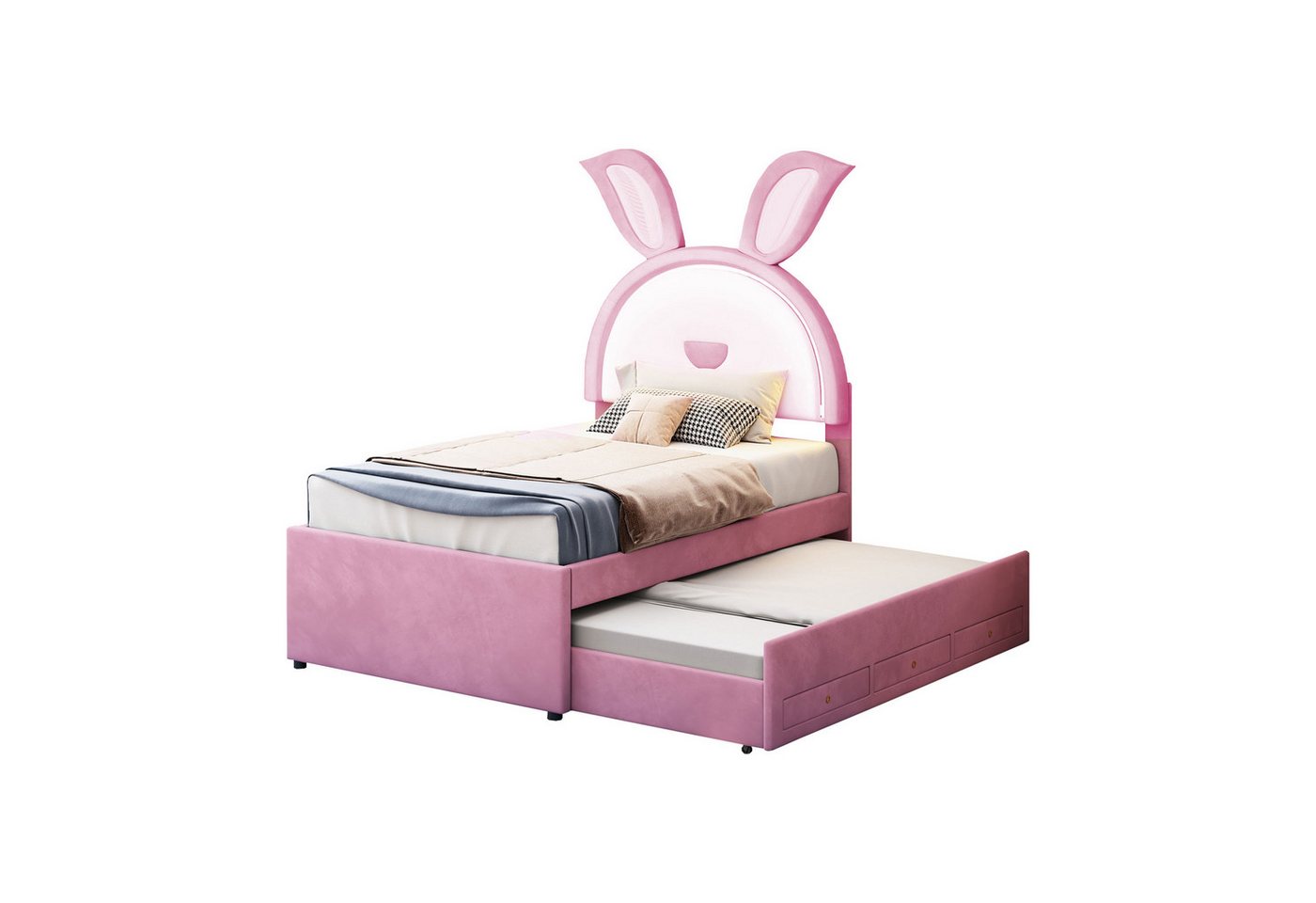 HAUSS SPOLE Polsterbett 90 x 200 cm mit Kopfteil in Hasenform (Einzelbett mit ausziehbarem Bett und 3 Schubladen), Kinderbett mit LED-Licht von HAUSS SPOLE